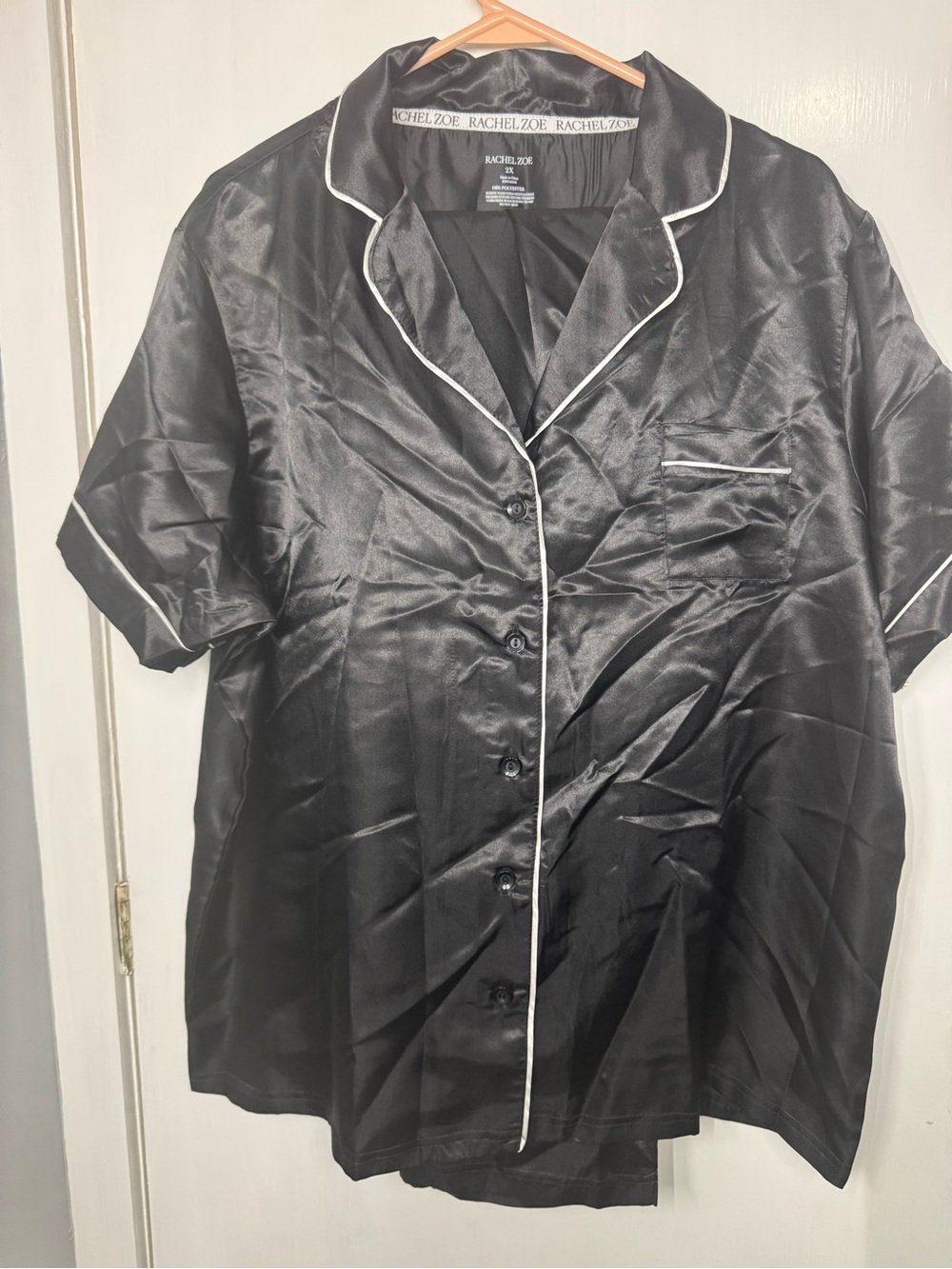 Rachel Zoe Black Satin Short Sleeve Pajama Top with White Trim